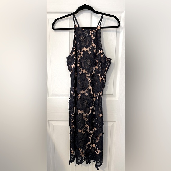 CALVIN TRAN Luxe Love Navy Lace Midi Dress Size L - Picture 1 of 5